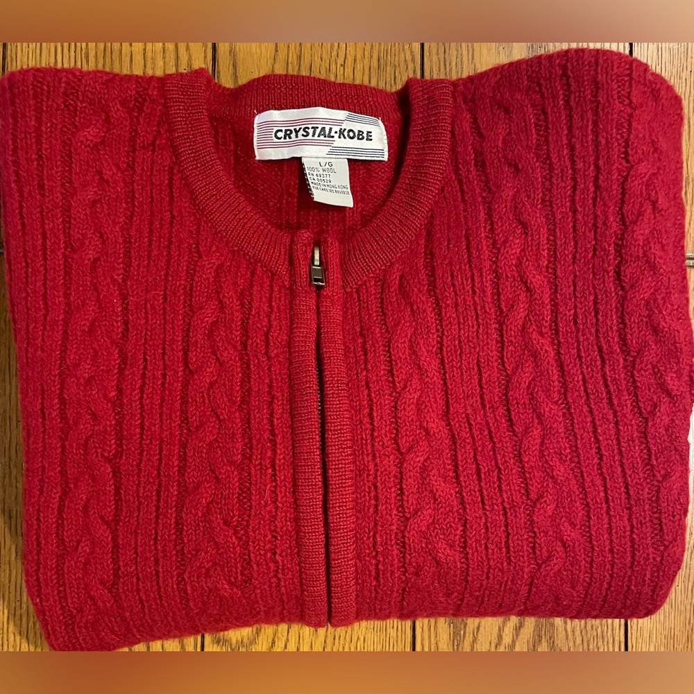 Vintage Crystal-Kobe red, full zipper cable cardigan, 100% wool